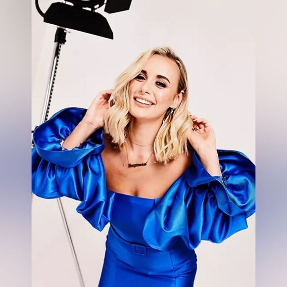 ASOS LUXE Belted Drama Sleeve Structured Satin Mini Dress Electric Blue SZ 8 NWT - Picture 2 of 11